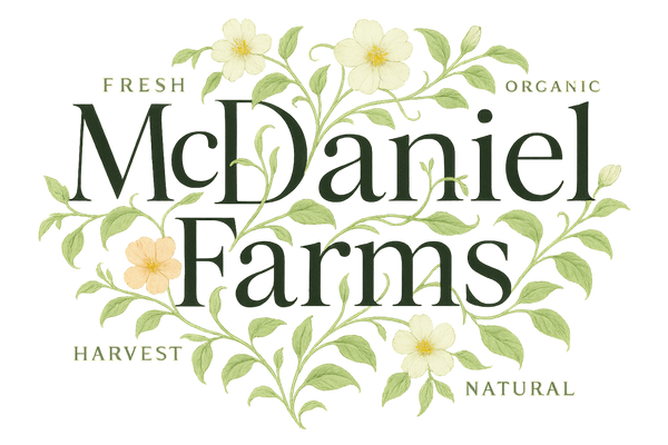 Green "McDaniel Farms" logo with a floral wreath and text "FRESH," "ORGANIC," "HARVEST," and "NATURAL."
