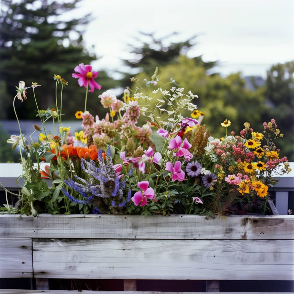 A wooden planter box overflowing with a variety of colorful flowers